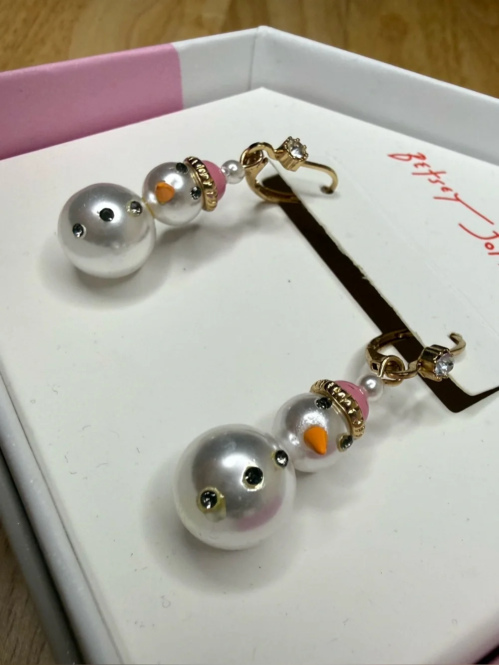 Betsey Johnson Pink Pearl Snowman Drop Earrings NWT